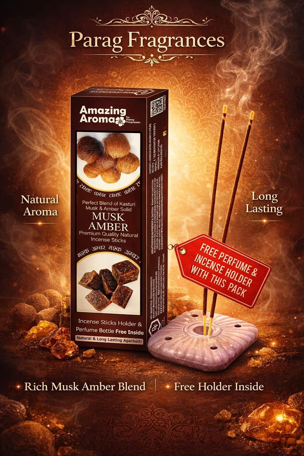Parag Fragrances Musk Amber Agarbatti 250gm / Best Combination of Kasturi Musk & Amber Solid in Incense Sticks / मस्क अंबर अगरबत्ती / 24 Hours Long Last Fragrance/Natural Masala Incense Sticks