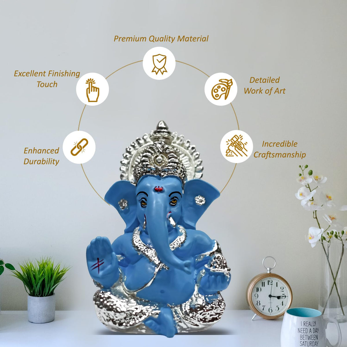 DIVINITI 999 Silver Plated Ganesha Idol for Home Decor Puja |Ganesh Idol for Home Decor Ganpati for Gift 3.5 inches |Ganesh Statue Gift for Office Desk Puja Room Figurine (8.89 x 5.08 cm) (Sky Blue)