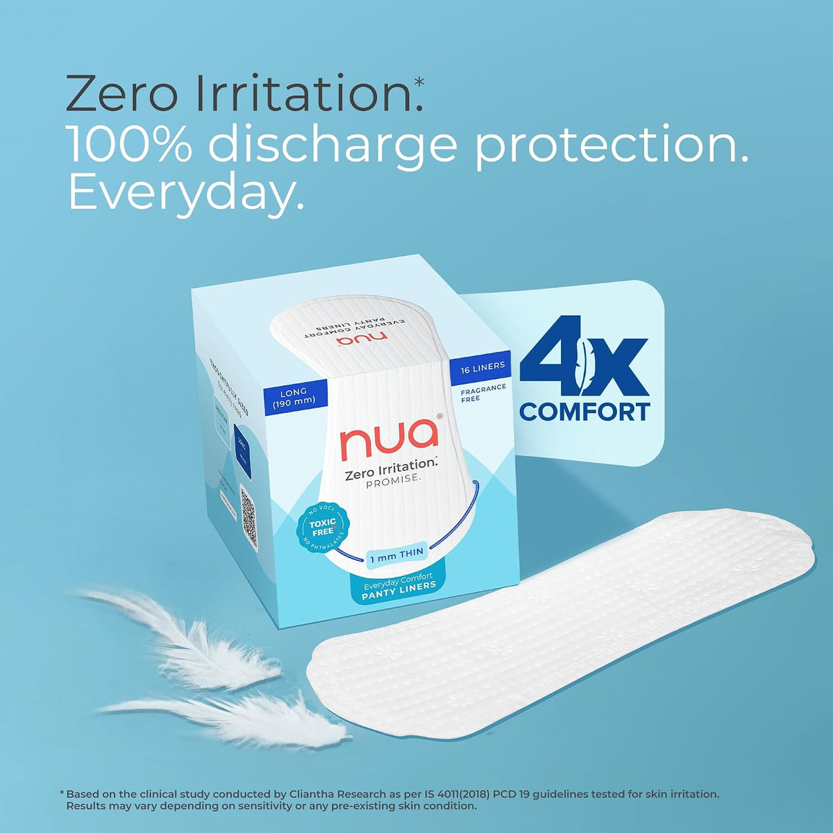 Nua Everyday Comfort Panty Liner for Women Daily Use | Pack of 16 liners 190mm | For White Discharge, Spotting & Non Period Leakages | Individually Wrapped | Zero Irritation | Super-thin | Stays in Place | Instant Absorption | Softest Top sheet | 100% Toxic-Free | Panty Liner Pads Sanitary Napkins