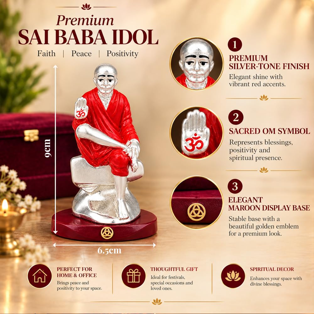 DIVINITI Premium Sai Baba Idol with Silver-Tone Finish & Red Accents | Shirdi Sai Baba Showpiece with Blessing Hand, Decorative Base & Premium Gift Box | Home, Mandir, Office & Gifting | 9 x 6.5 cm