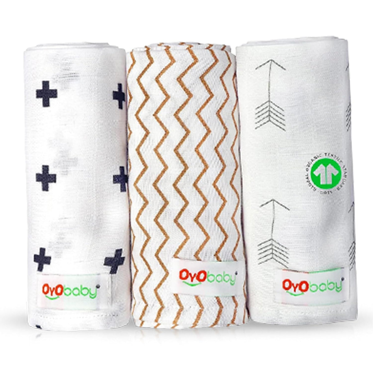 OYO BABY Premium Muslin Cotton Cloth, Baby Washcloths – Extra Soft, Absorbent & Reusable Face Towels for Newborns, Pack of 3 -White | Printed, 100x100cm | 0-18 Months