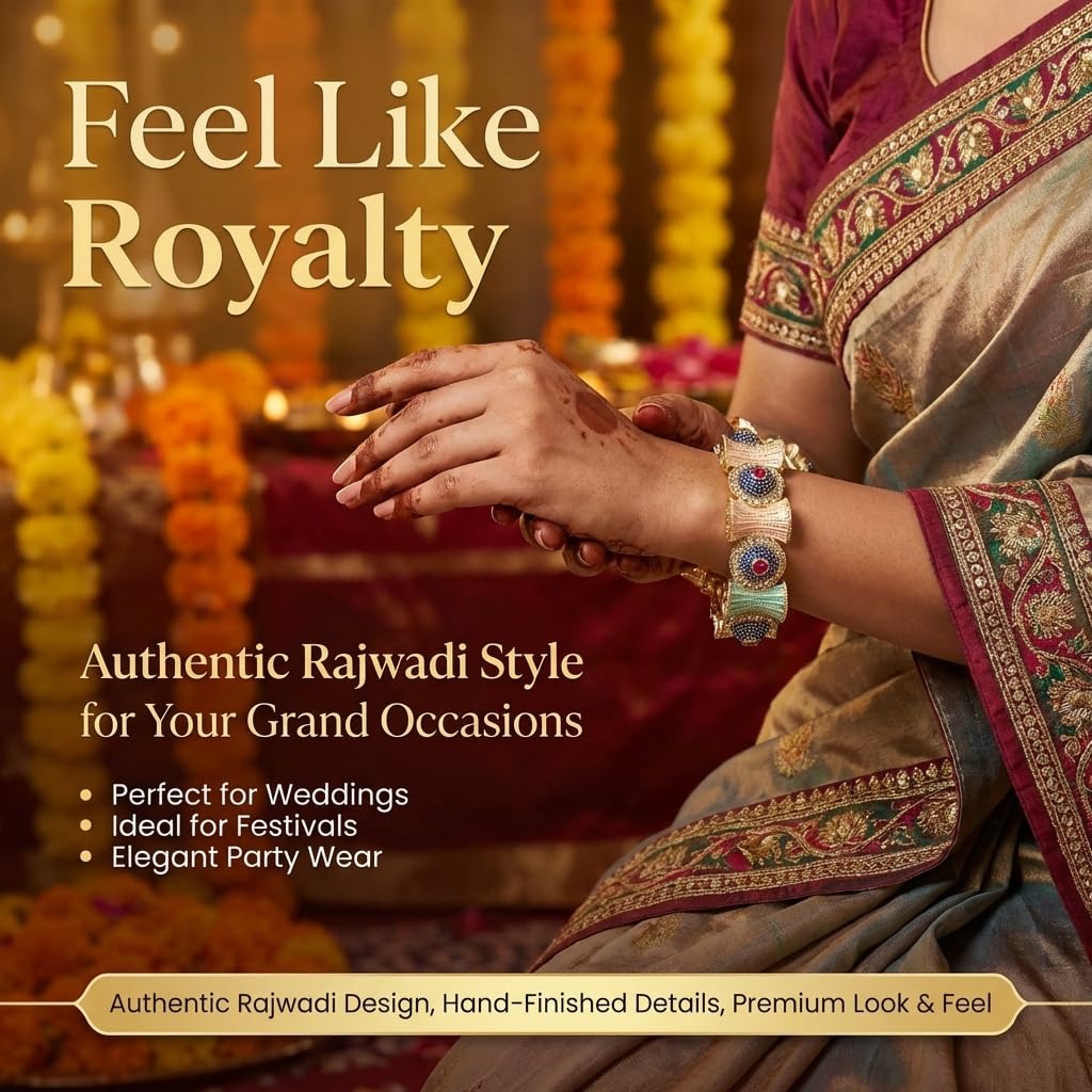 NMII Gold Metal Bangles Rajwadi Style Kangan Set For Women & Girls with Zircon Diamond | Traditional Girl's Bangles Bracelet | Latest Kada For Women Trendy | Wedding, Party, Festive, Daily- Set of 2