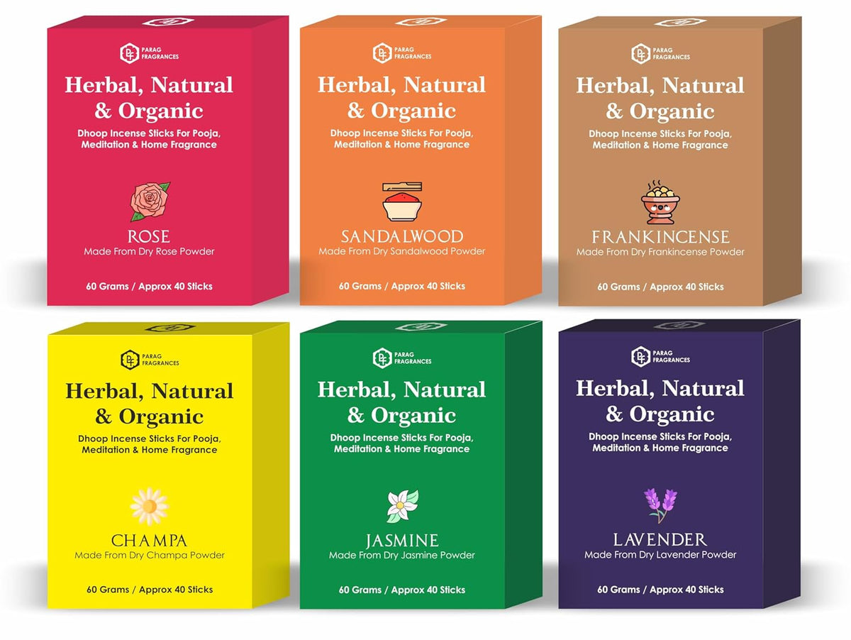 Parag Fragrances Herbal, Natural and Organic Dhoop Sticks 360gram (6Pc x 60Gram Each) 200+ Sticks/Rose, Jasmine, Lavender, Sandalwood, Champa & Frankincense/Charcoal, Bamboo & Chemical Free