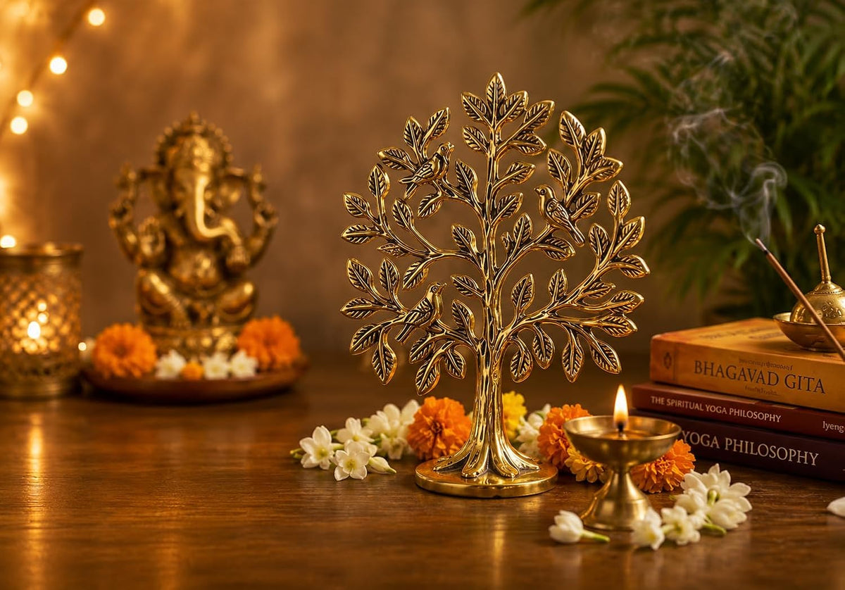 KridayKraft Kalpavriksha Tree of Life Showpiece with Birds, 15 cm Golden Metal Kalpvriksh for Home Mandir, Vastu, Office Table, Housewarming & Diwali Gift
