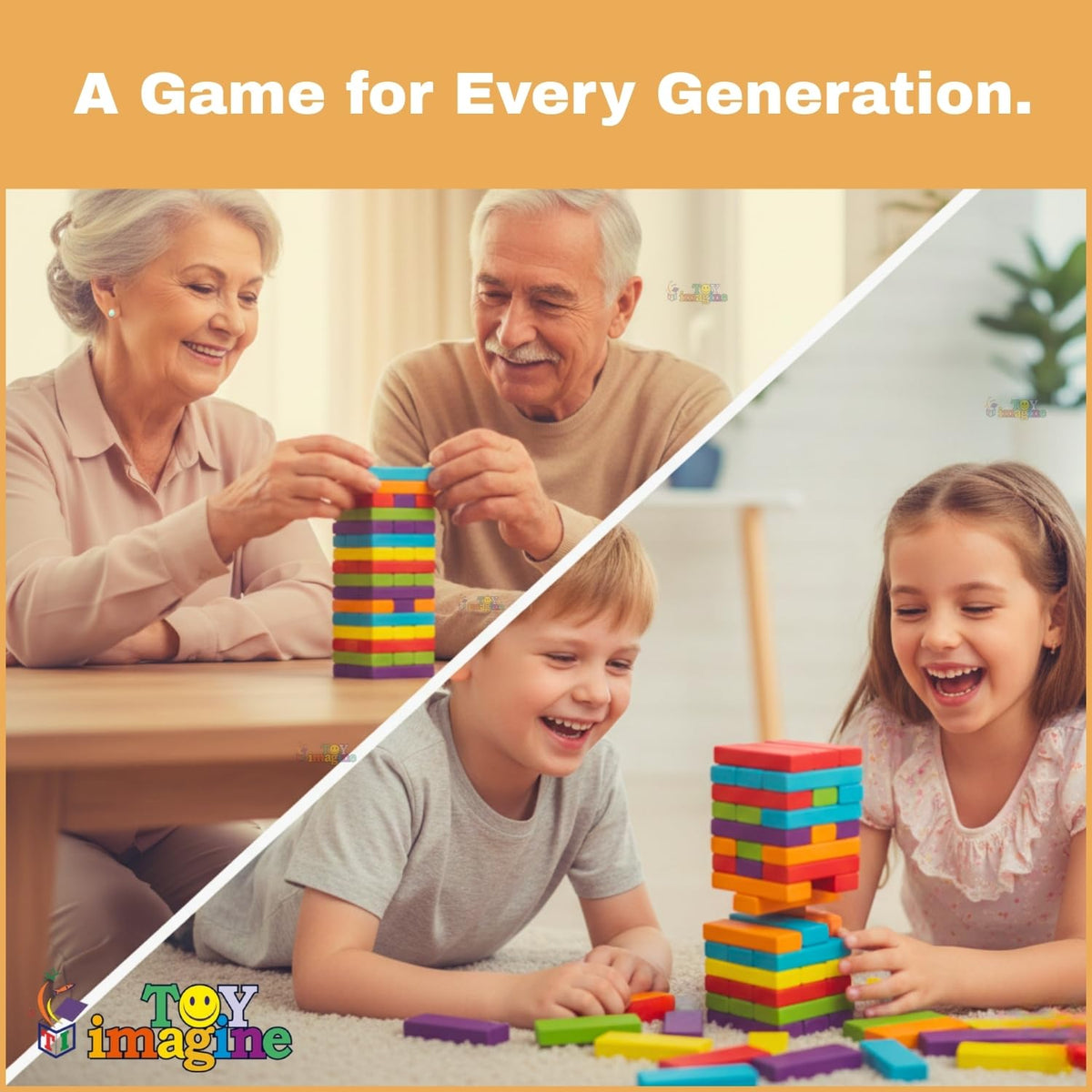 Toy Imagine 54 Pcs Colourful Wooden Blocks for Boys 7–14 Years – Indoor Balancing & Building Game, Montessori Wooden Toys, Kids Activity Tower Block for Cognitive Development & Fun