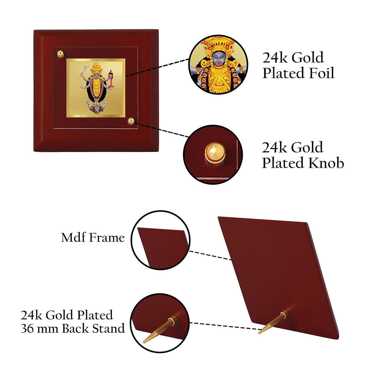 DIVINITI Maa Kali 24K Gold Plated MDF Photo Frame | Premium Religious Table Top Frame for Home, Office & Prayer Room | Luxury Spiritual Gift Item for Housewarming, Festive Gifting| 10 x 10 CM