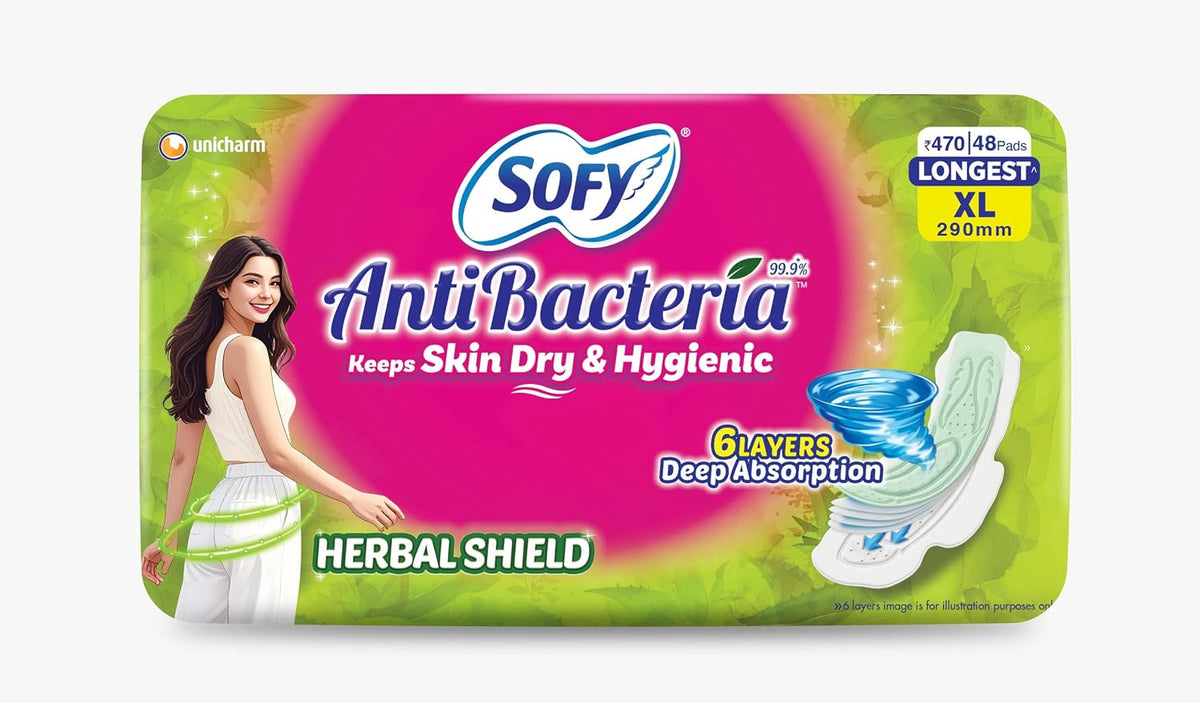 Sofy AntiBacteria XL - 290mm | 48 Count pads | For Women Sanitary Pads | Keep Skin Dry | 6 Layer Deep Absorption | Herbal Shield | Hygiene & Herbs
