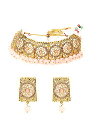 Priyaasi Gold-Plated, Stones Studded Floral Patterned Choker Set with Beads Drop in Pink Color, One Size (NL-PR-10050-PNK)