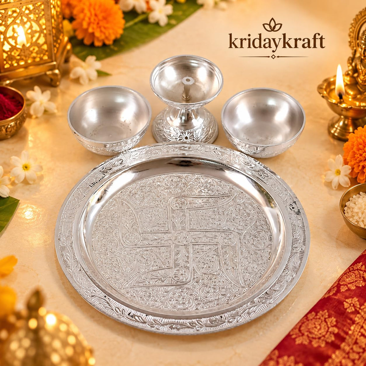KridayKraft Silver Plated Pooja Thali Set with Swastik Design - Includes Diya and 2 Bowls for Puja, Diwali, and Gifting (19 cm Plate, 110g)