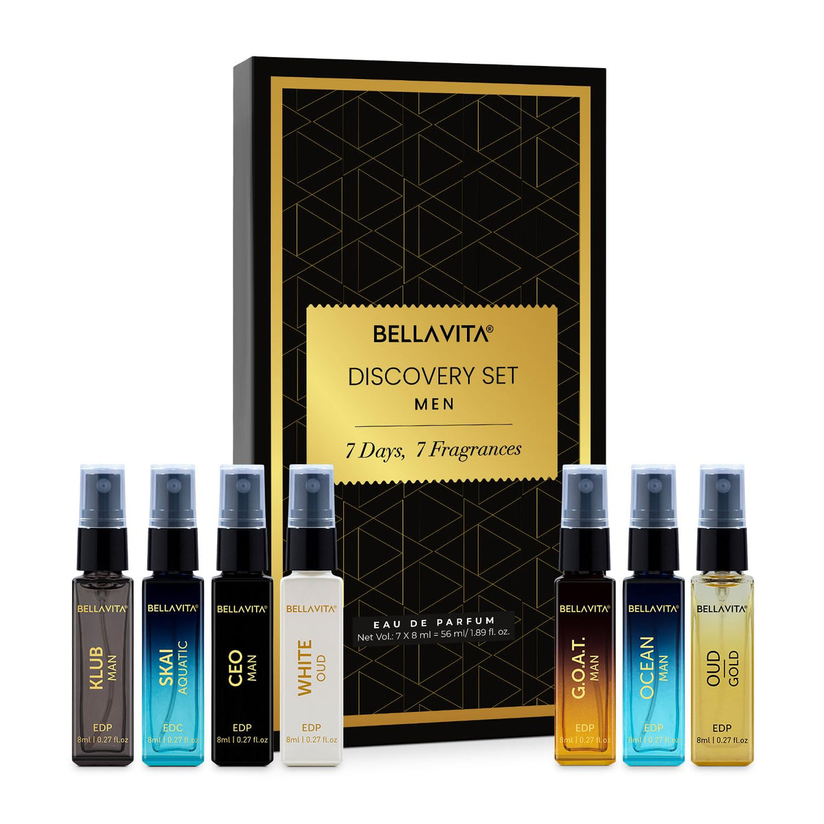 Bella Vita Luxury Discovery Gift Set 7x8ML Liquid Eau De Parfum Perfume for Men with Woody, Fresh & Oud Long Lasting EDP Fragrance Scent