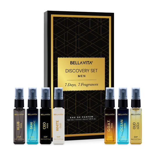 Bella Vita Luxury Discovery Gift Set 7x8ML Liquid Eau De Parfum Perfume for Men with Woody, Fresh & Oud Long Lasting EDP Fragrance Scent