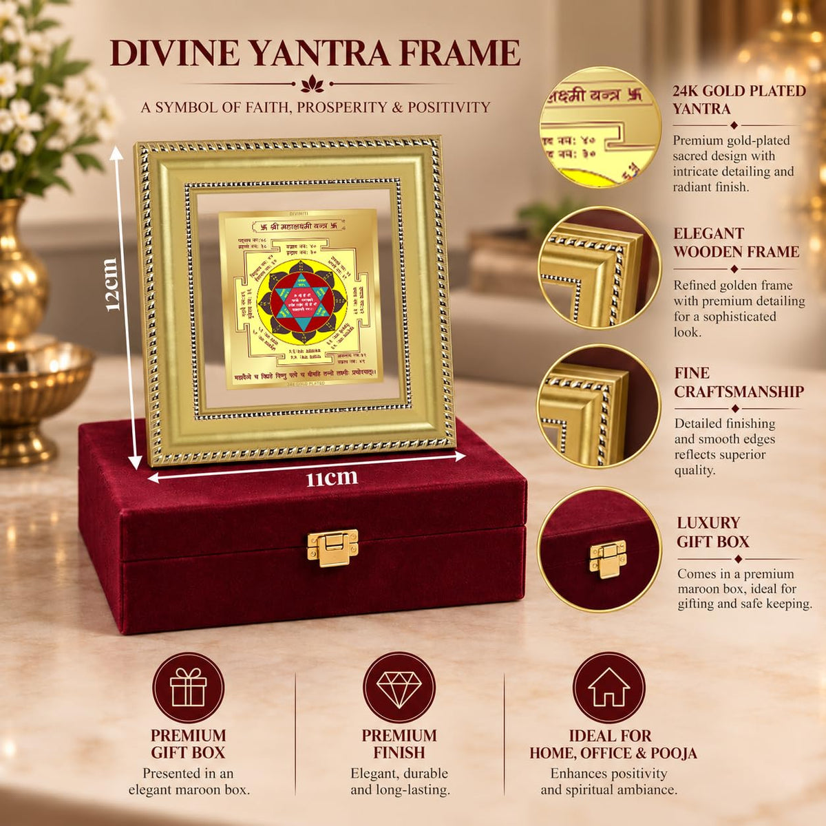 DIVINITI Siddh Energised Maha Lakshmi Yantra | 24k Gold Plated Foil Prosperity Vastu Frame for Home, Office & Puja Room | Premium Gift Box | Spiritual Yantra for Wealth, Fortune & Prosperity | 12 X 11 CM