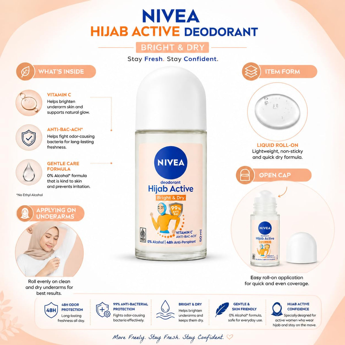 NIVEA Hijab Active Bright & Dry Anti-Perspirant Roll-On Deodorant for Women, 48H Protection, Vitamin C & Anti-Bacterial Formula, 0% Alcohol, 50 ml
