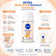 NIVEA Hijab Active Bright & Dry Anti-Perspirant Roll-On Deodorant for Women, 48H Protection, Vitamin C & Anti-Bacterial Formula, 0% Alcohol, 50 ml