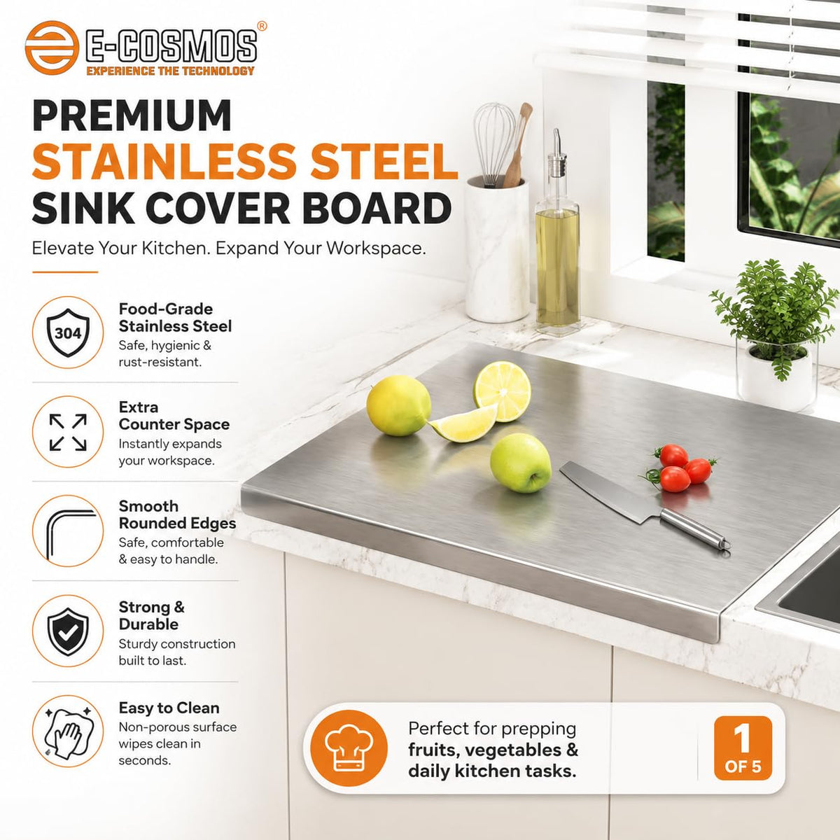 E-COSMOS® Large Stainless Steel Cutting Board for Kitchen,Chopping Board for Meat, Vegetables & Fruit, Extra Large Heavy Duty Countertop Surface, Easy to Clean & Durable
