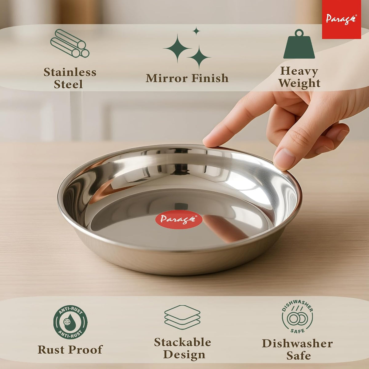 Parage 6 Pieces Stainless Steel Serving Dish Bowl – 11.5 cm Diameter | Heavy Gauge Small Halwa Plates | Durable Mirror Finish for Sweets, Snacks & Serving