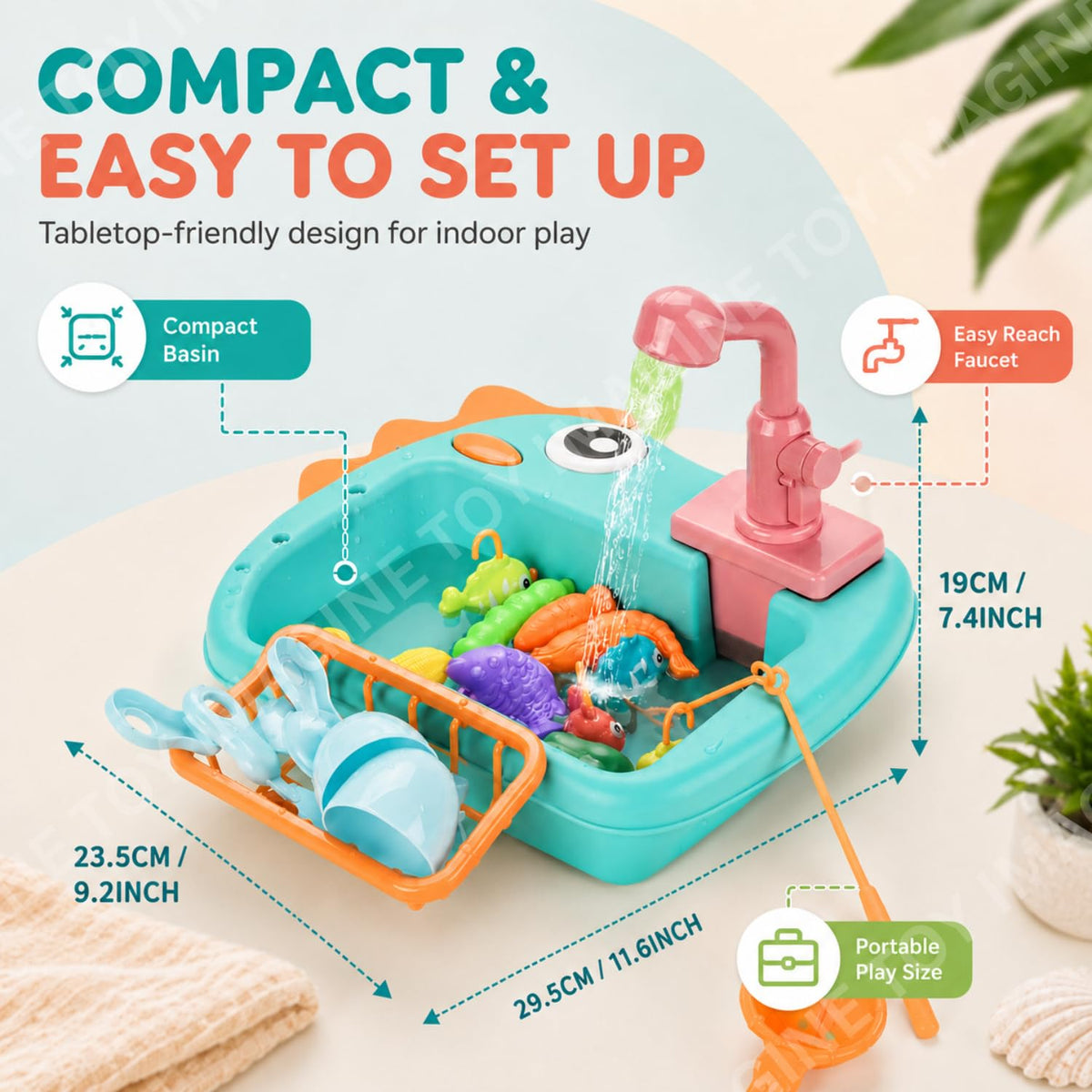 Toy Imagine 2-in-1 Electric Dinosaur Kitchen Sink Play Set for Kids, Recycling Running Water Faucet with Fishing Game, Pretend Dishwashing Toy with Utensils & Accessories for Boys & Girls Ages 3+