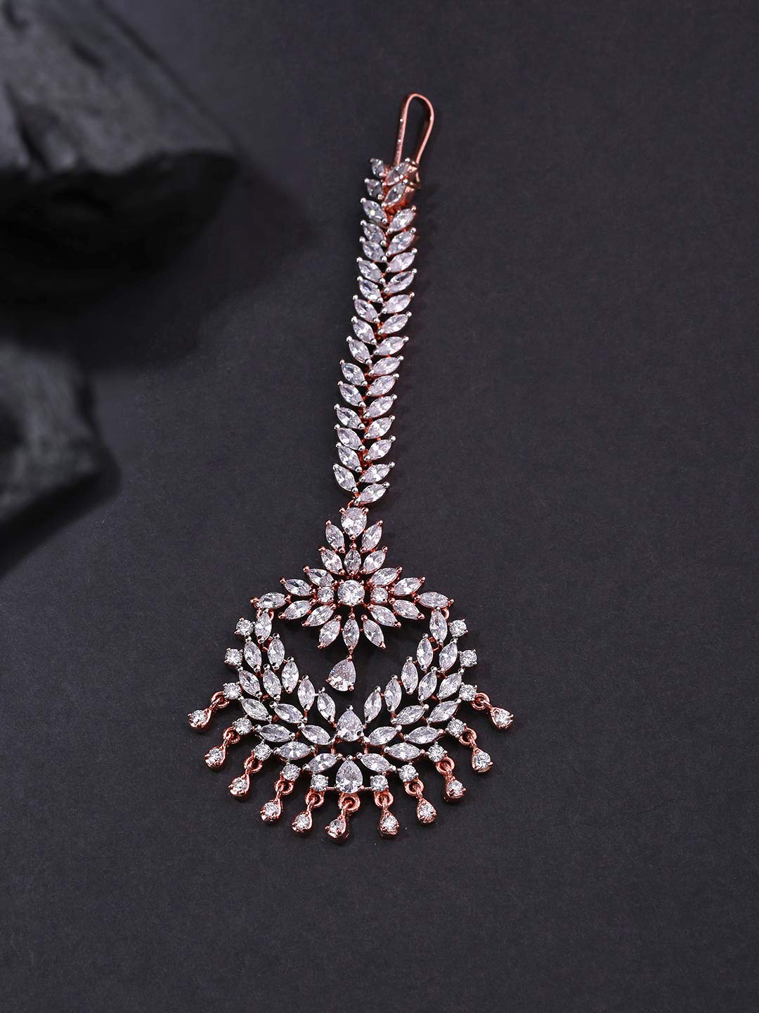 Priyaasi Rose Gold-Plated American Diamond Studded Chandbali Style Maang Tikka