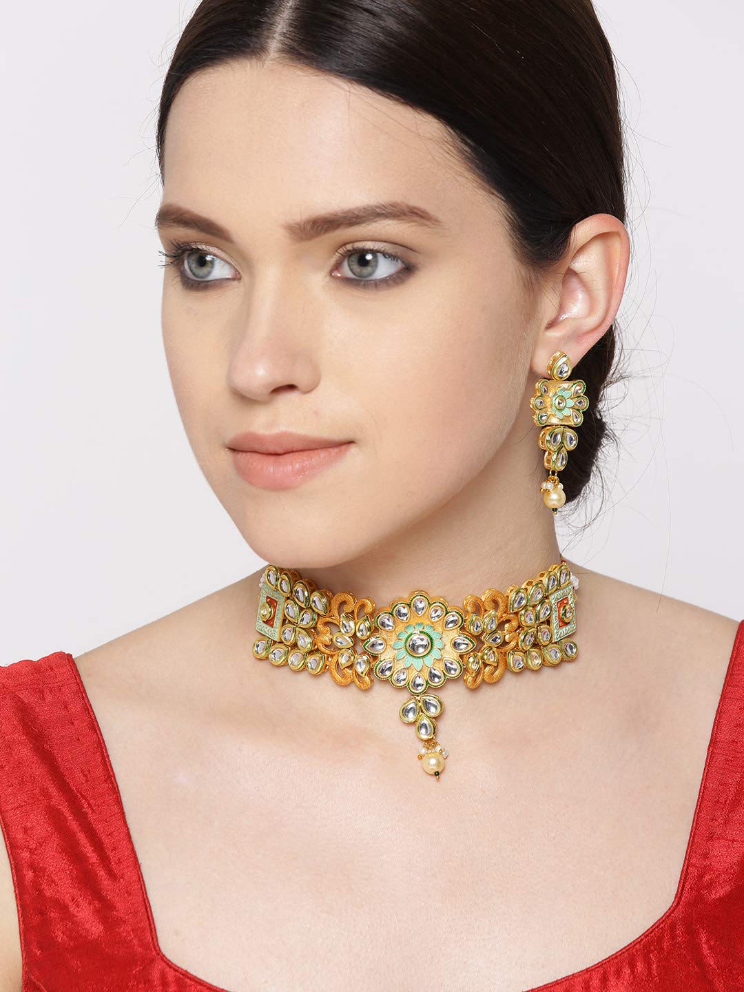 Priyaasi Kundan Studded Gold Plated Choker Necklace Set for Women with Earrings | Traditional Jewellery Set for Women