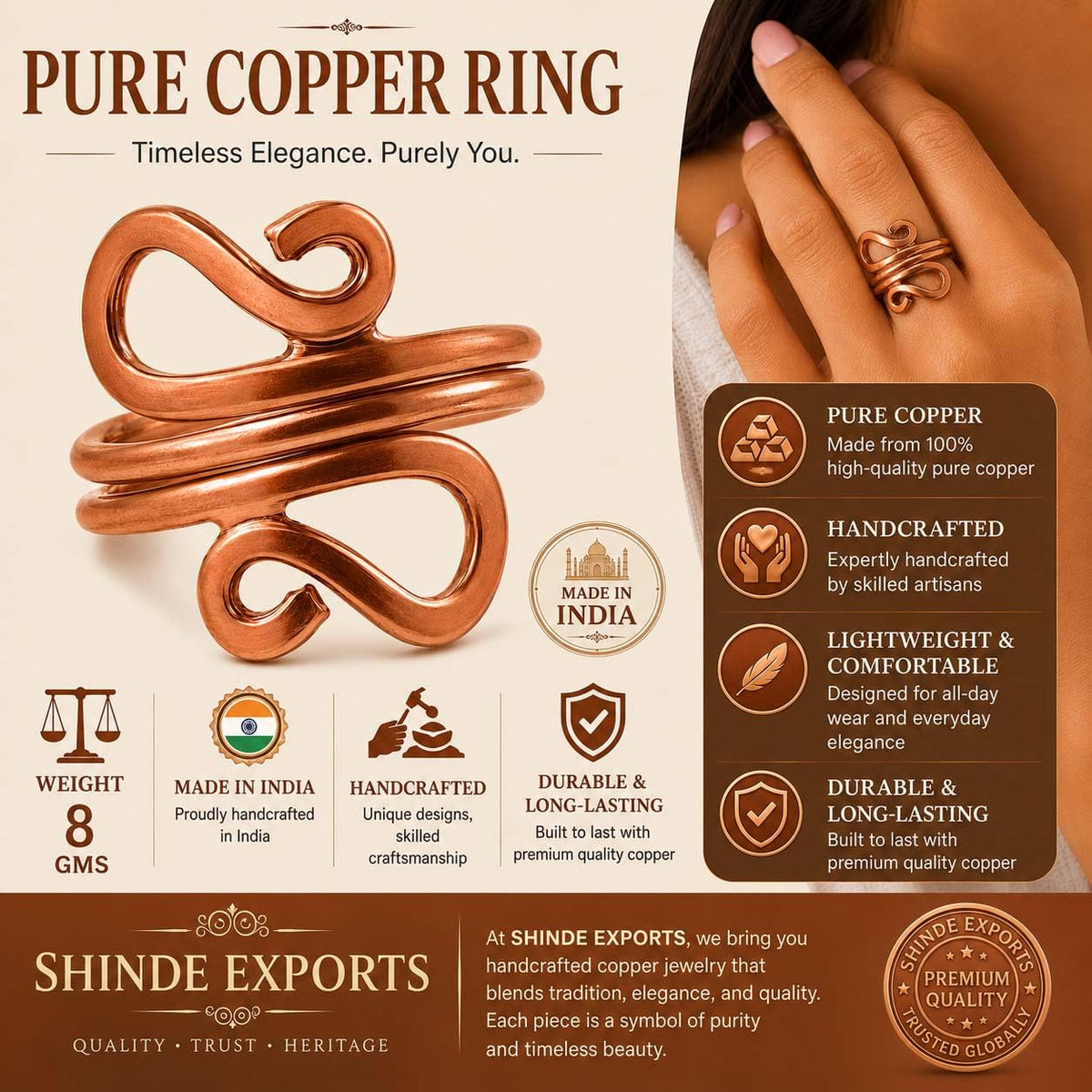 SHINDE EXPORTS Designing Pure Copper magnetic ring for men and women 8mm