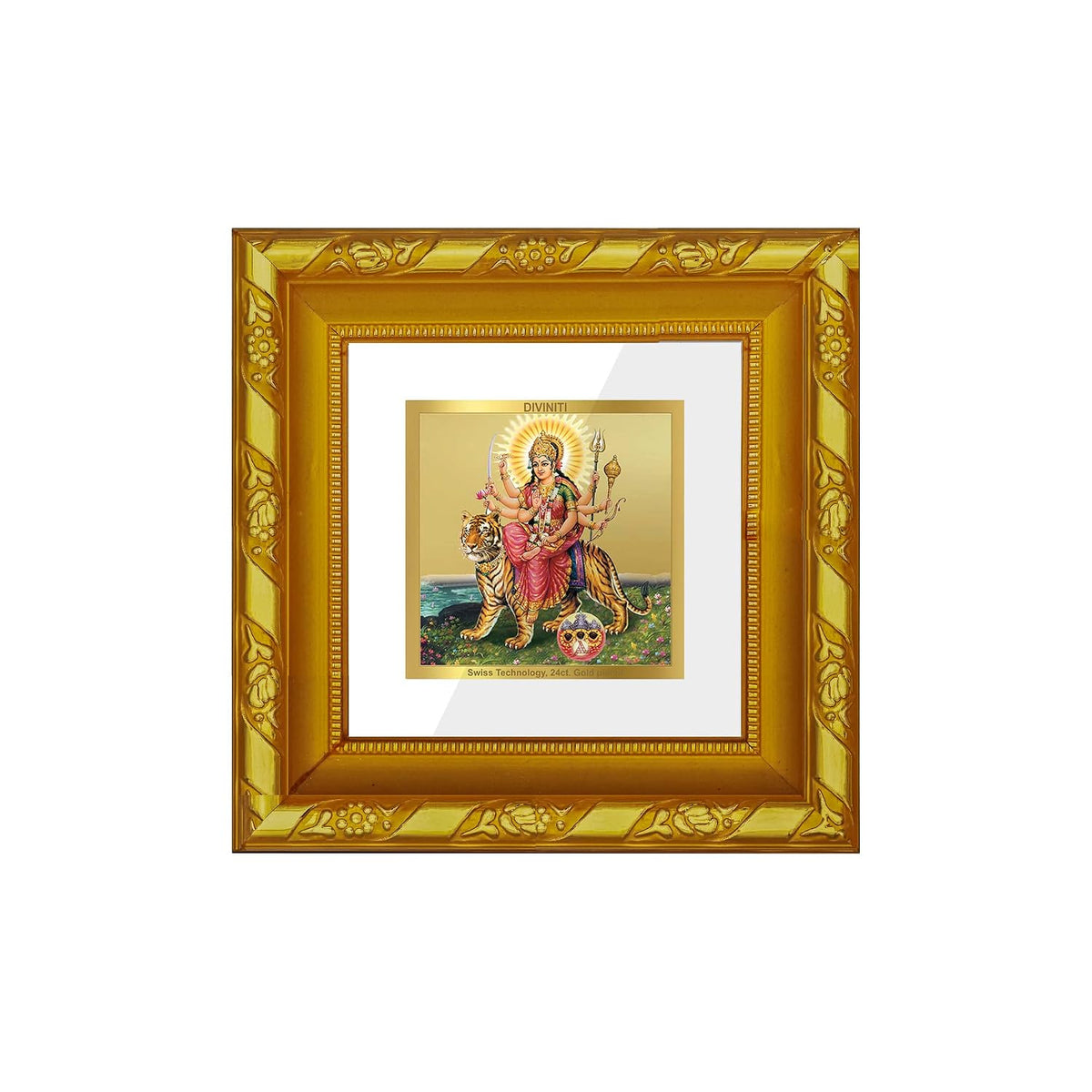 DIVINITI 24K Gold Plated Foil Durga Gold Plated Wall Photo Frame, Table Décor and Religious Photo Frame Idol For Pooja, Gifts Items DG Frame 103 Size 1A (10.8x10.8 CM)