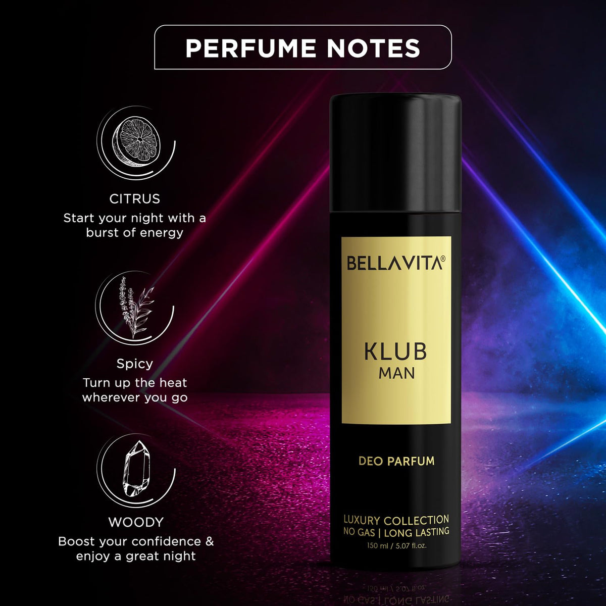Bella Vita Luxury KLUB Man No Gas Body Deodorant Parfum for Men with Lemon, Rose and Vanilla|Musky and Spicy Long Lasting Fragrance Body Perfume DEO 150 Ml