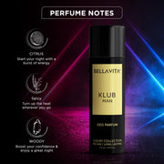 Bella Vita Luxury KLUB Man No Gas Body Deodorant Parfum for Men with Lemon, Rose and Vanilla|Musky and Spicy Long Lasting Fragrance Body Perfume DEO 150 Ml