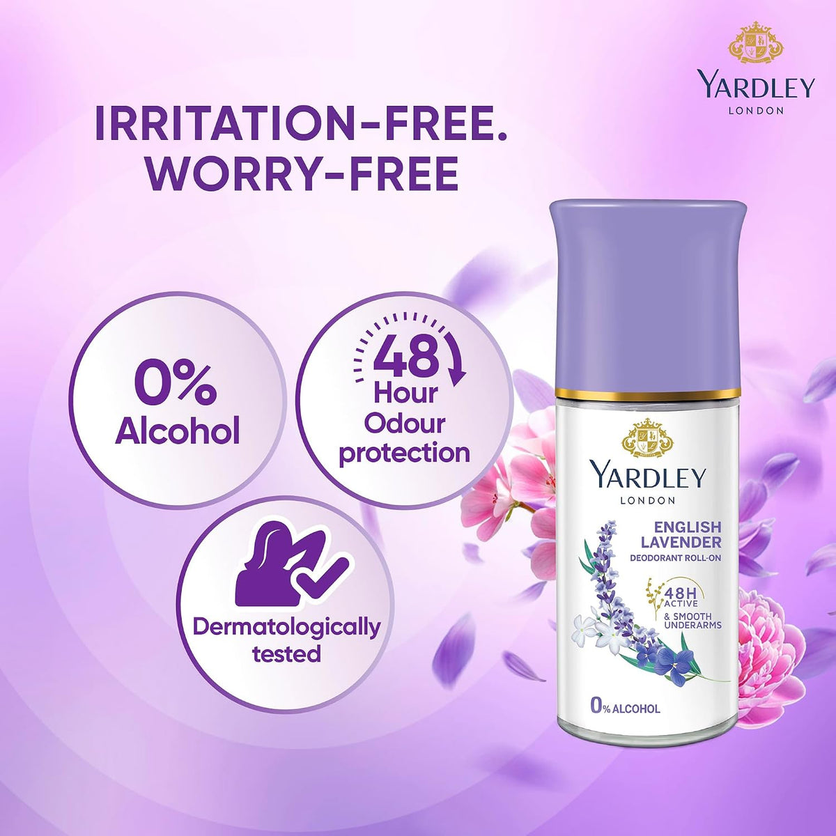 Yardley London English Lavender Underarm Deodorant Roll On | With Licorirce Extract & Floral Extracts | Smooth & Eventoned Underarms | 72 H Long Lasting Floral Scent| 0% Alcohol & Dermat Approved | For Women | 50ml