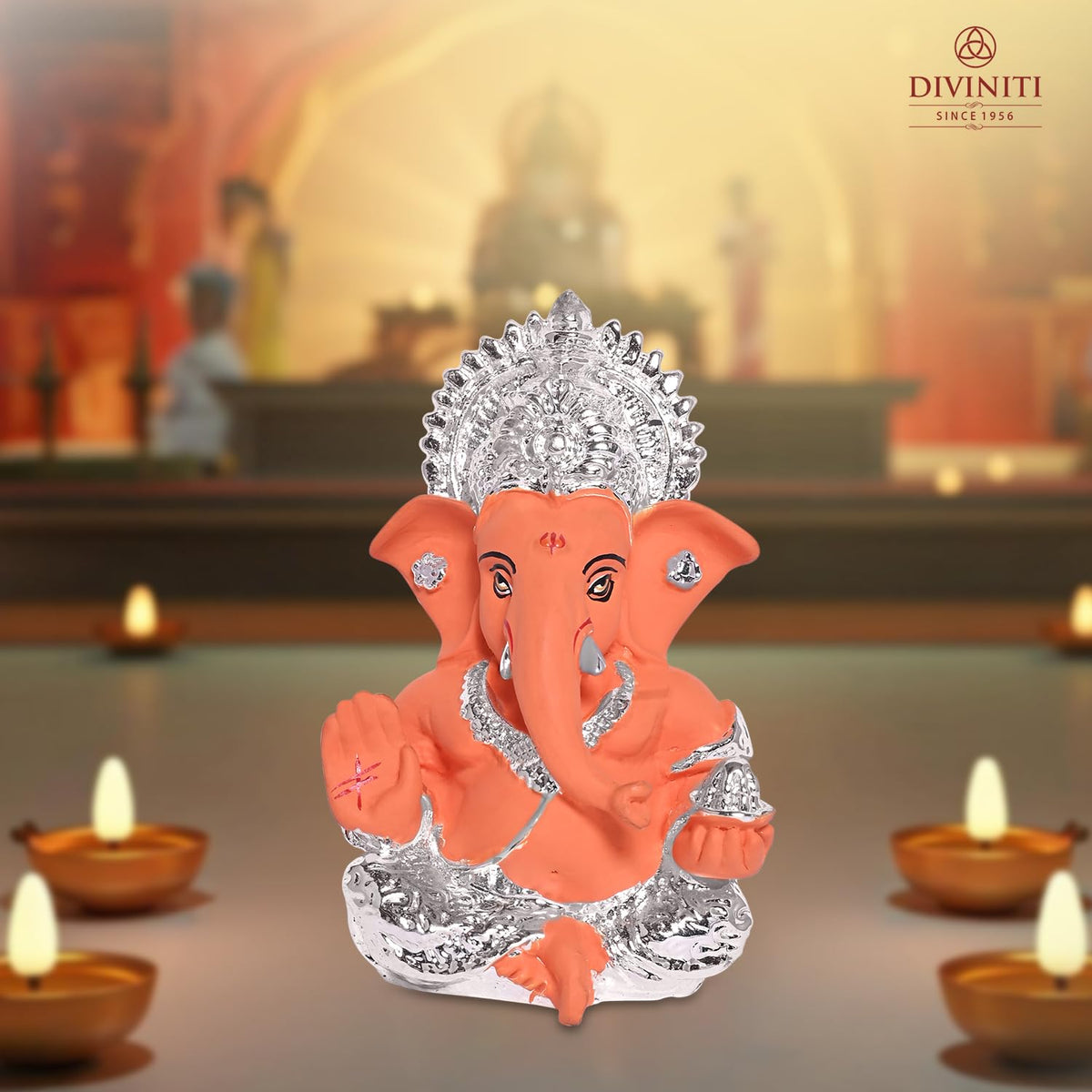 DIVINITI 999 Silver Plated Lord Ganesha Idol for Car Dashboard,Tabletop|Ganesh Statue for Good Luck and Success|Ganpati Murti for Home Decor Mandir, Office Desk Puja Gift Terracotta Orange (8.4x4.2cm)