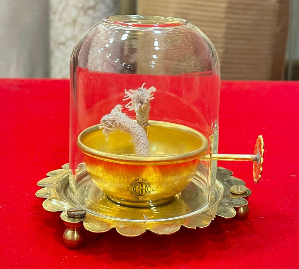 DSH Brass Akhand Diya for Puja Decorative Brass & Glass Oil Lamp Lantern Diya with Glass Cover for Prayers Home Decor and Diwali Festive Gifts. (Large)
