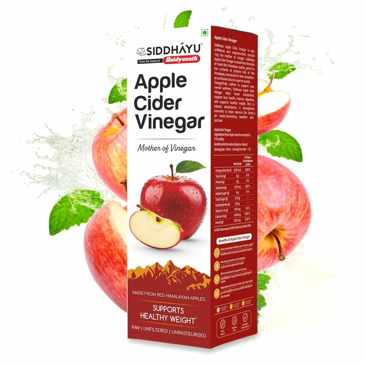 Baidyanath Asli Ayurved Apple Cider Vinegar - 500 Ml|Mother Of Vinegar Red Himalayan Apples|For Weight Management, Reduced Bloating, Healthy Skin & Hair - Raw, Unfiltered & Unpasteurized|100% Pure