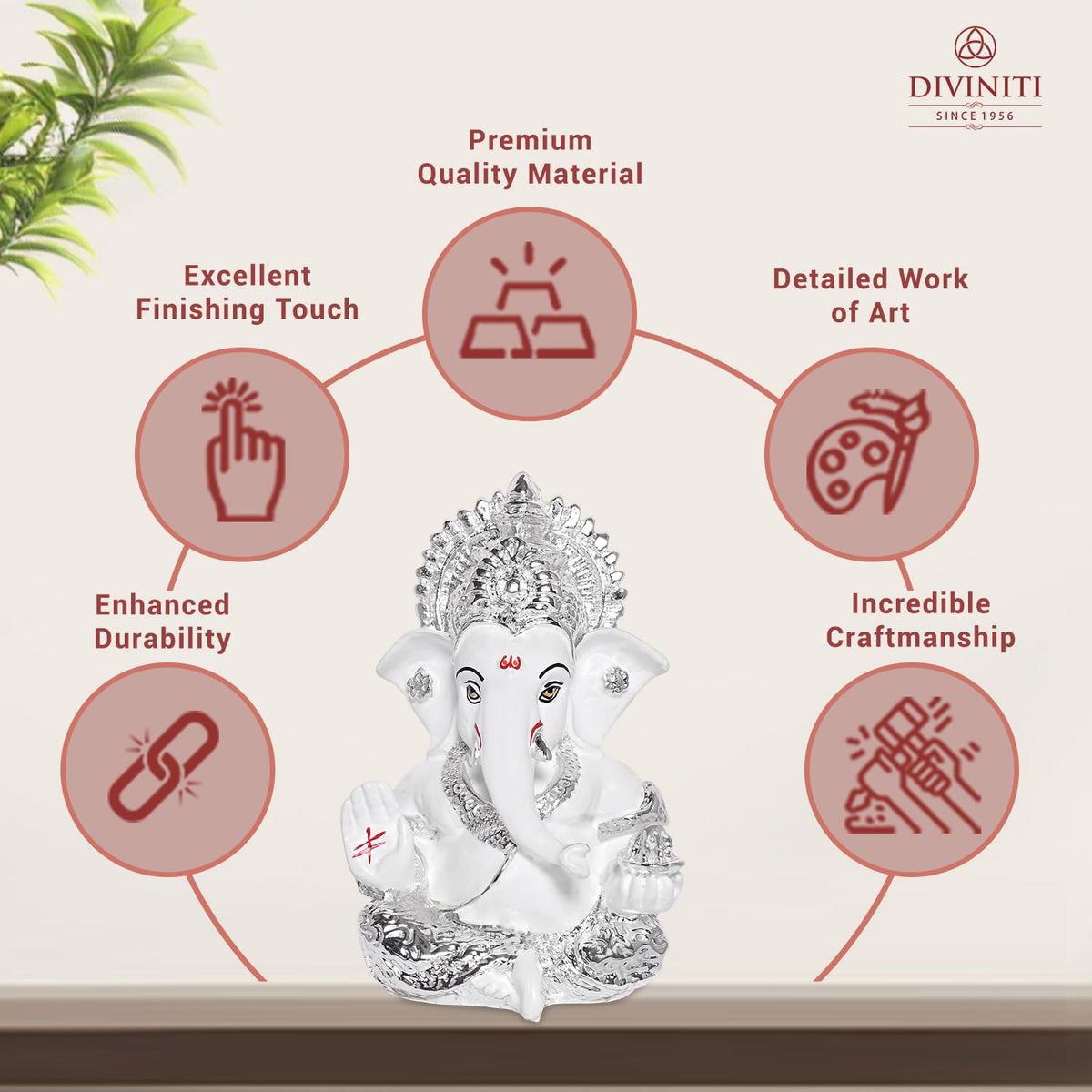 DIVINITI 999 Silver Plated Resin Lord Ganesha Idol for Car Dashboard, Tabletop|Ganesh Statue for Good Luck and Success|Ganpati Murti for Home Decor Mandir, Office Desk Puja Gift White (8.4x4.2cm)