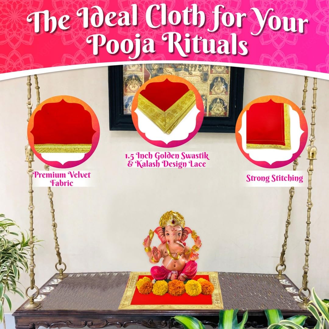Bhakti Lehar Red Velvet Pooja Cloth | Aasan for God Idol Sitting, Mandir Shelf, Puja Chowki Table and Home Temple Decoration - Pack of 1 (10 x 10 Inch)