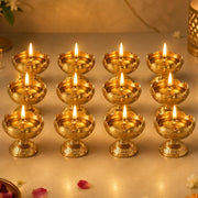 DSH Brass Diya Pure Brass Traditional Oil Puja Lamp for Temple, Mandir, Festival Decoration, Home Decor & Diwali Gift (Flower Bloom, Set of 12)