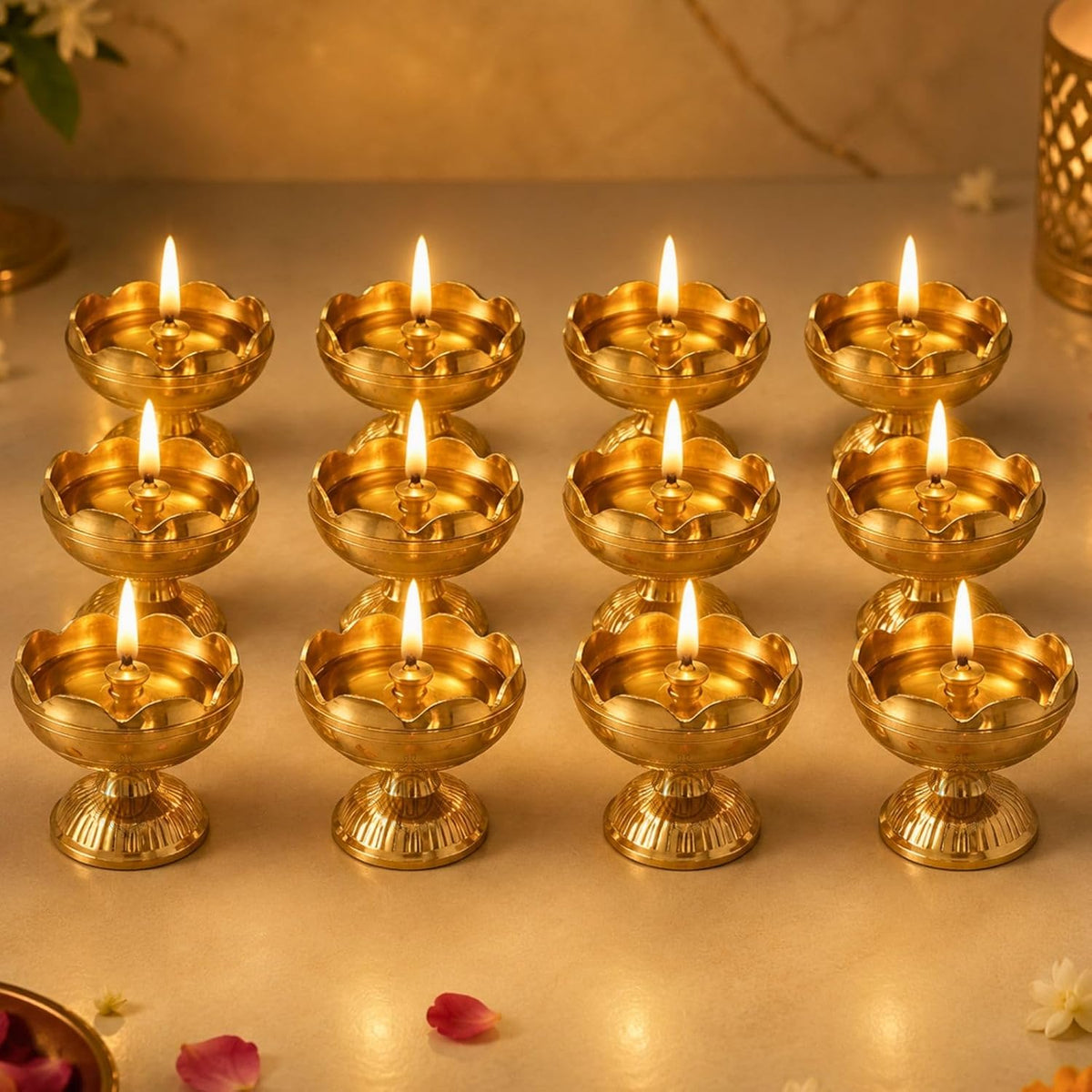 DSH Brass Diya Pure Brass Traditional Oil Puja Lamp for Temple, Mandir, Festival Decoration, Home Decor & Diwali Gift (Flower Bloom, Set of 12)