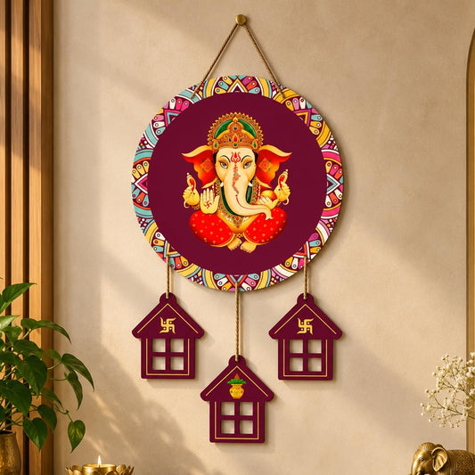 Artvibes Lord Ganesha Auspicious Wooden Art Work Wall Hanging For Good Luck Properity Vastu | Spiritual Decor Items | Paintings | Wall Poster| Stylish Modern Decor Item | Gift Items (WH_7204N)