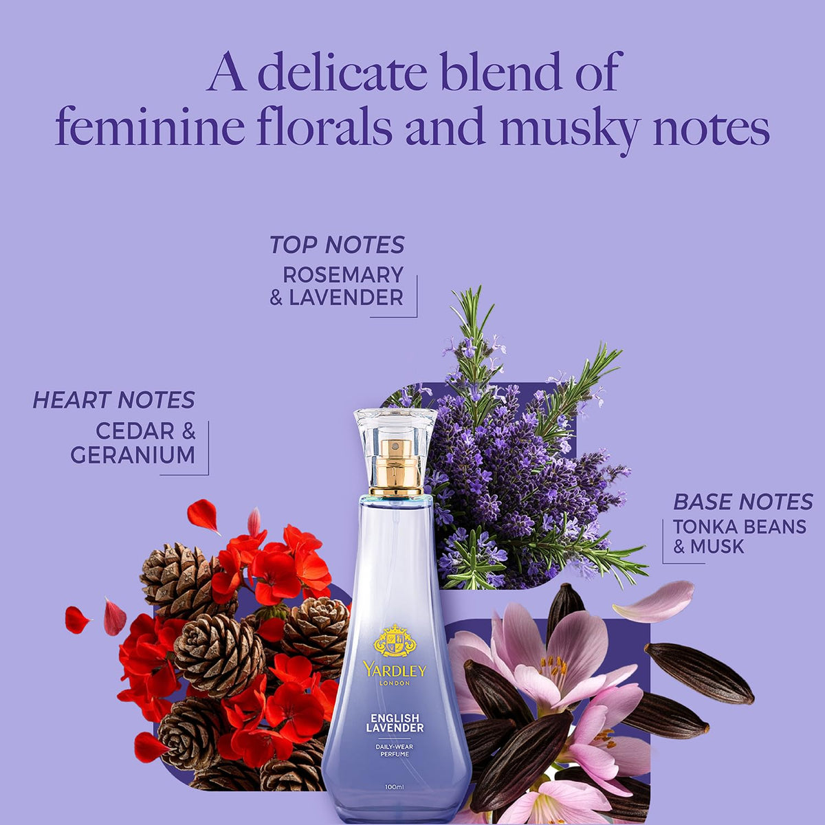 Yardley London English Lavender Perfume for Women, 100ml – 90% Naturally Derived, Daily Wear Spray | Lavender & Musk Fragrance