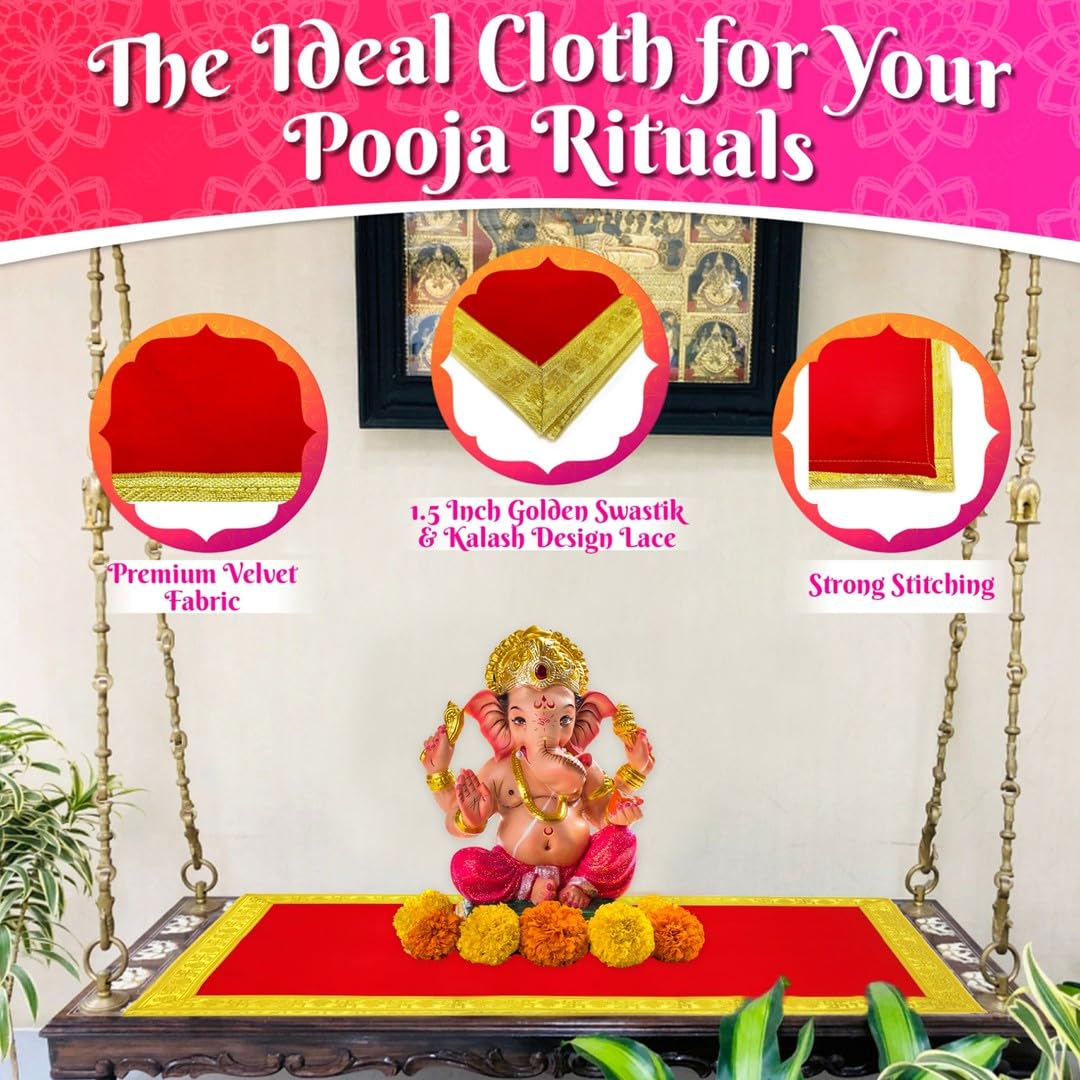 Bhakti Lehar Red Velvet Pooja Cloth | Aasan for God Idol Sitting, Mandir Shelf, Puja Chowki Table and Home Temple Decoration - Pack of 1 (10 x 30 Inch)