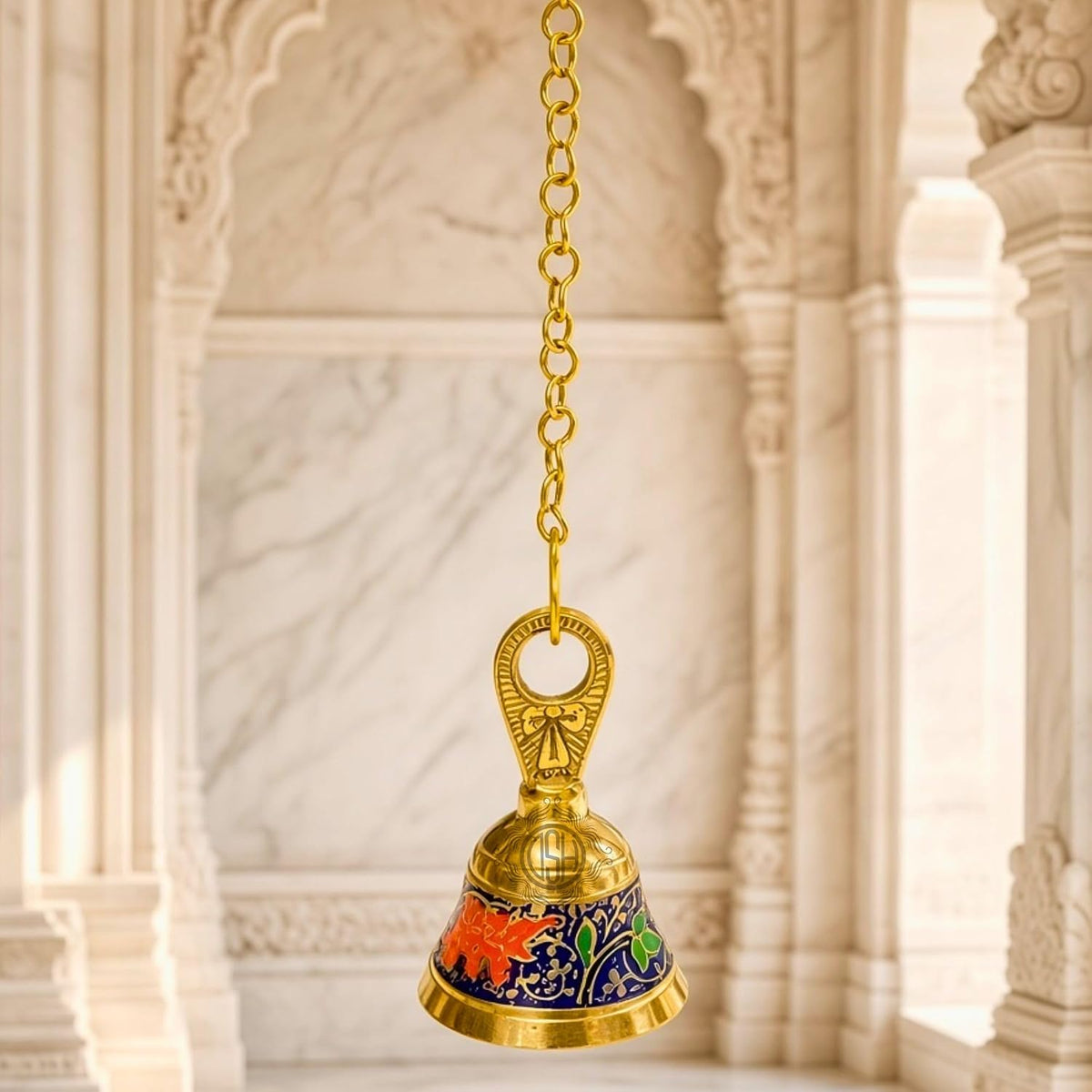 DSH Pure Brass Hanging Bell with Chain for Temple Mandir Door Home Decorative Ringing Bell (Bule, 1)