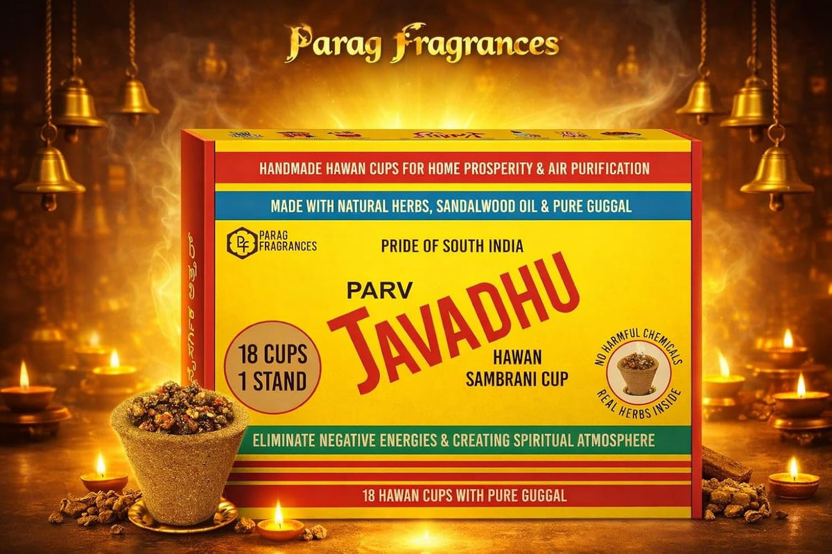 Parag Fragrances Parv Javadhu Hawan Sambrani Cup 18pc Pack with 1pc Hawan Cup Stand/Natural & Handmade for Home Prosperity & Air Purification/with Original Guggal & Javadhu Powder