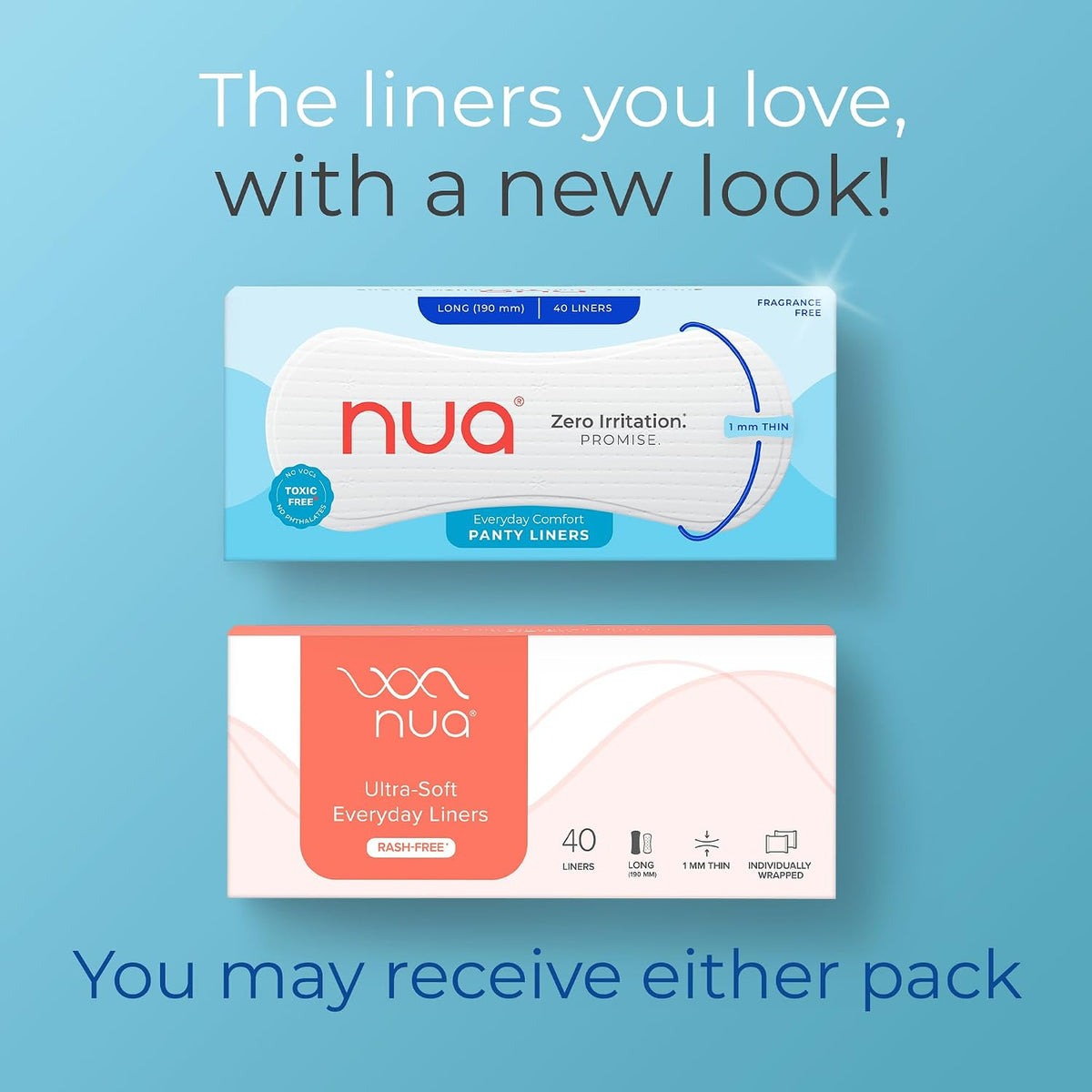 Nua Everyday Comfort Panty Liner for Women Daily Use | Pack of 40 liners 190mm | For White Discharge, Spotting & Non Period Leakages | Individually Wrapped | Zero Irritation | Super-thin | Stays in Place | Instant Absorption | Softest Top sheet | 100% Toxic-Free | Panty Liner Pads Sanitary Napkins