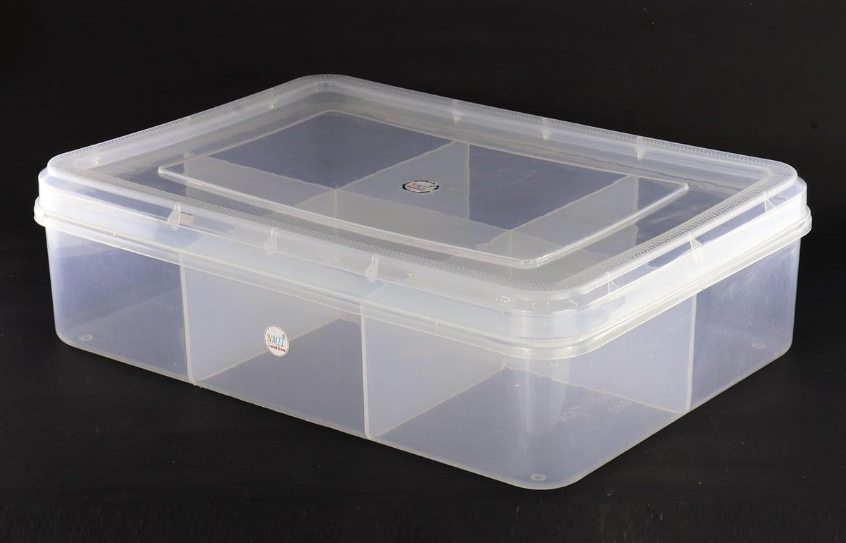 NMII Multipurpose Plastic Storage Box with Partitions | Transparent Organizer with Secure Lid | Ideal for Stationery, Craft Supplies, Tools, and Jewellery, Accessories | Lightweight-(6 Partitions)