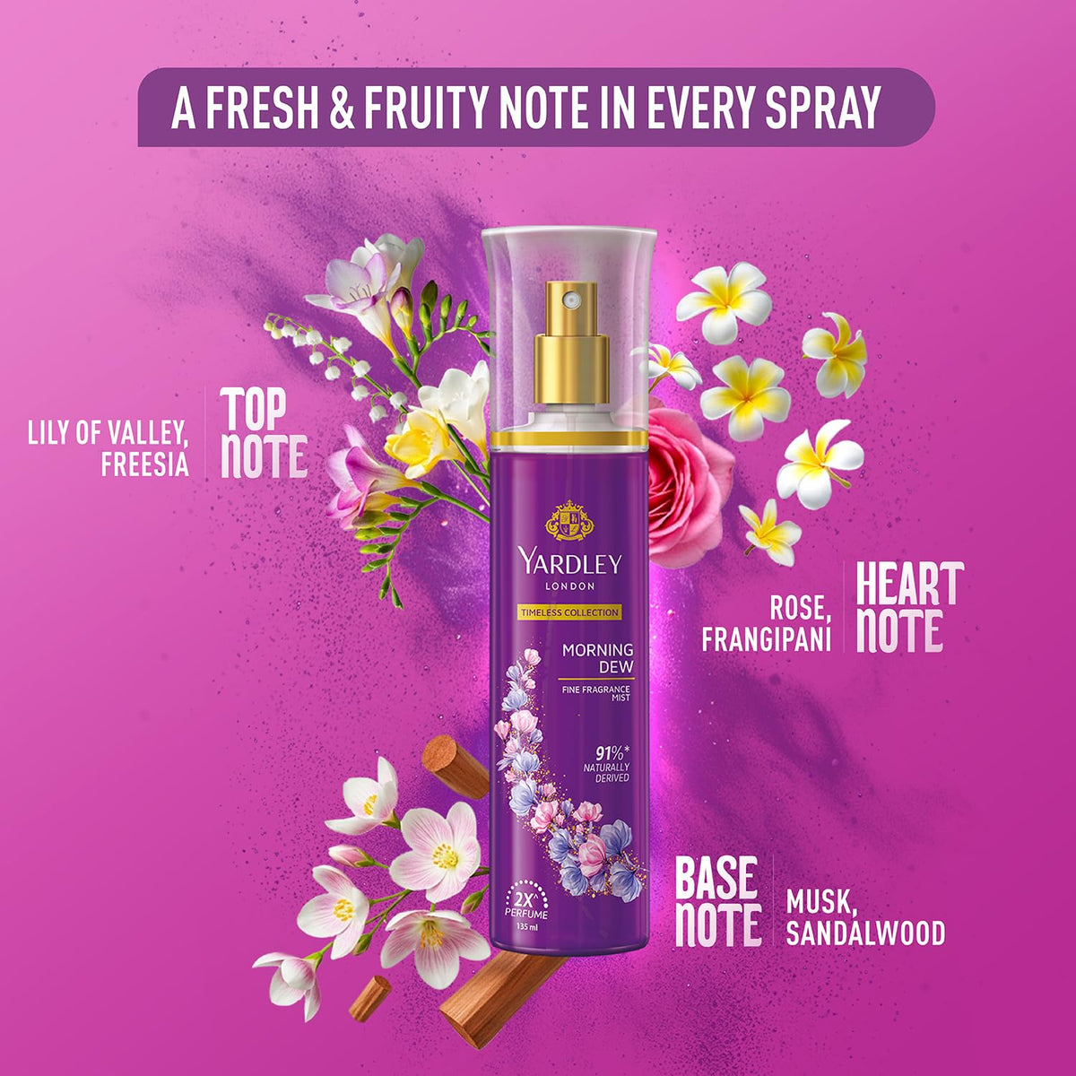 Yardley London Morning Dew Fine Fragrance Body Mist Spray | 2X Perfume for Women | 91% Naturally Derived | Lily of the Valley & Frangipani