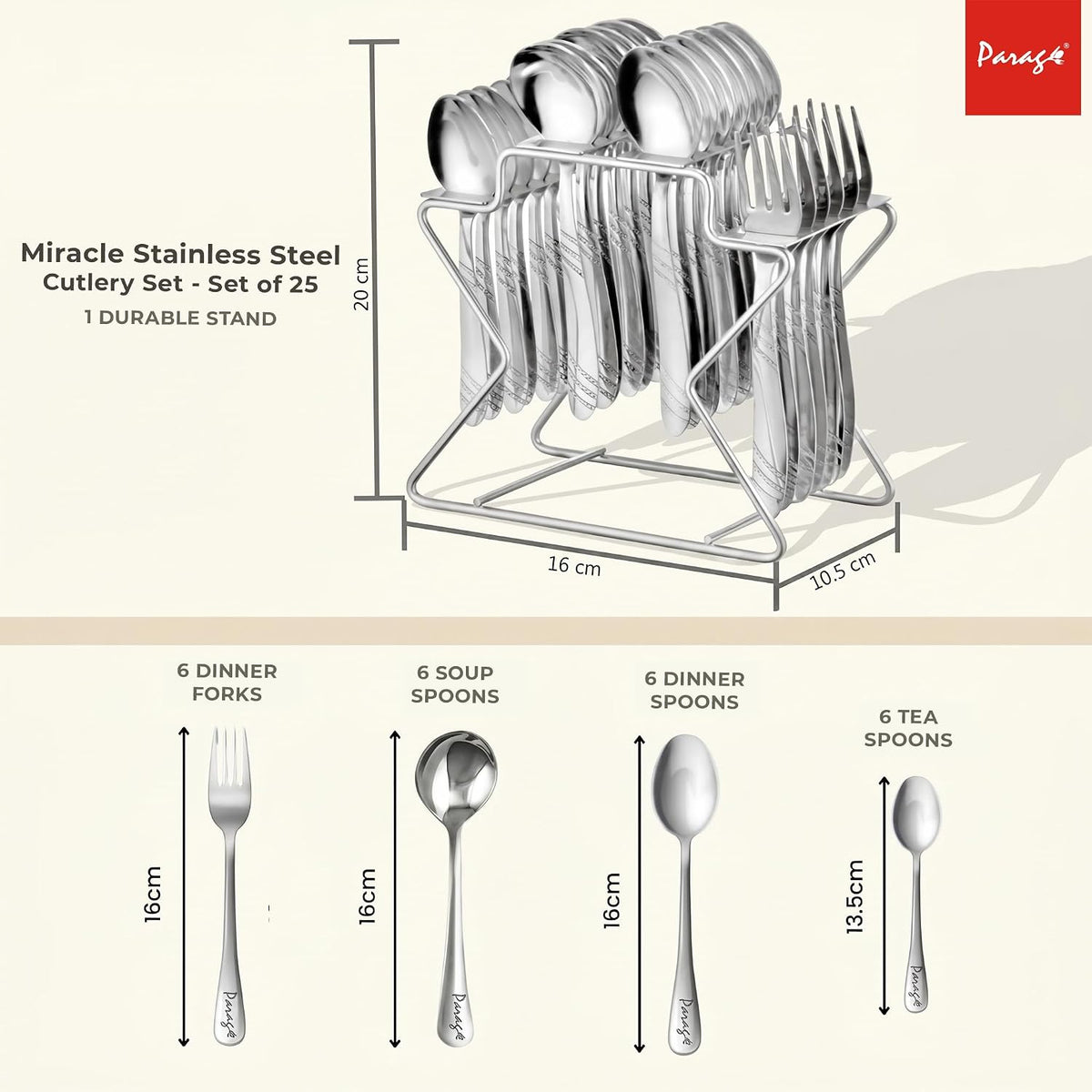 Parage Miracle Stainless Steel Cutlery Set of 25, Contains, Dinner Spoons Set of 6, Tea Spoon Set of 6, 6 Fork, 6 Soup Spoons, 1 Stylish Stand, Elegant Cutlery Set for Dining Table, Mirror Polished