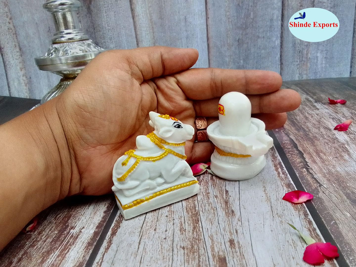 SHINDE EXPORTS Marble Religious Shivling With Nandi Set For Home Puja Small 6Cm (White)
