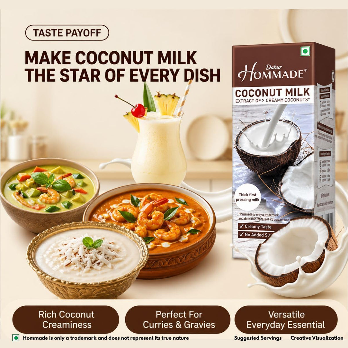 Dabur Hommade Coconut Milk : Made from the Extract of 2 Creamy Coconuts | Thick & Creamy Consistency | No Added Sugar | Thick First Pressing Milk | Hassle-Free, Ready to Use | Ideal for Curries, Desserts & Baking | 200ml single item