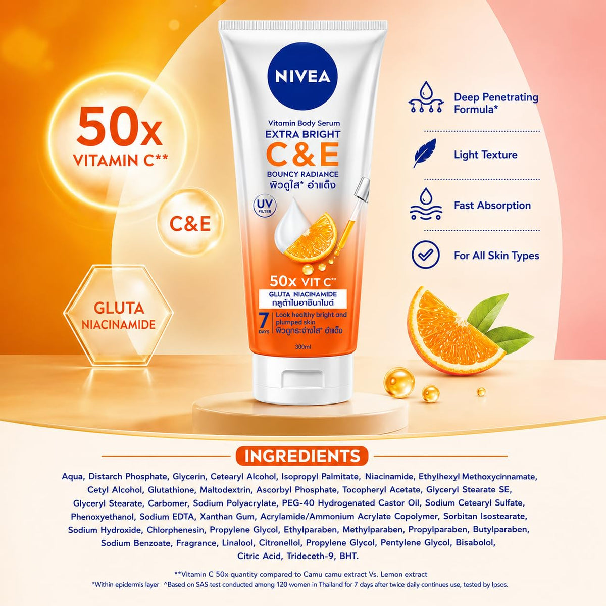 NIVEA Extra Bright C&E Vitamin Body Serum, with Vitamin C, Vitamin E, Glutathione & Niacinamide, Brightening & Hydrating, Fast Absorbing, All Skin Types, 300 ml