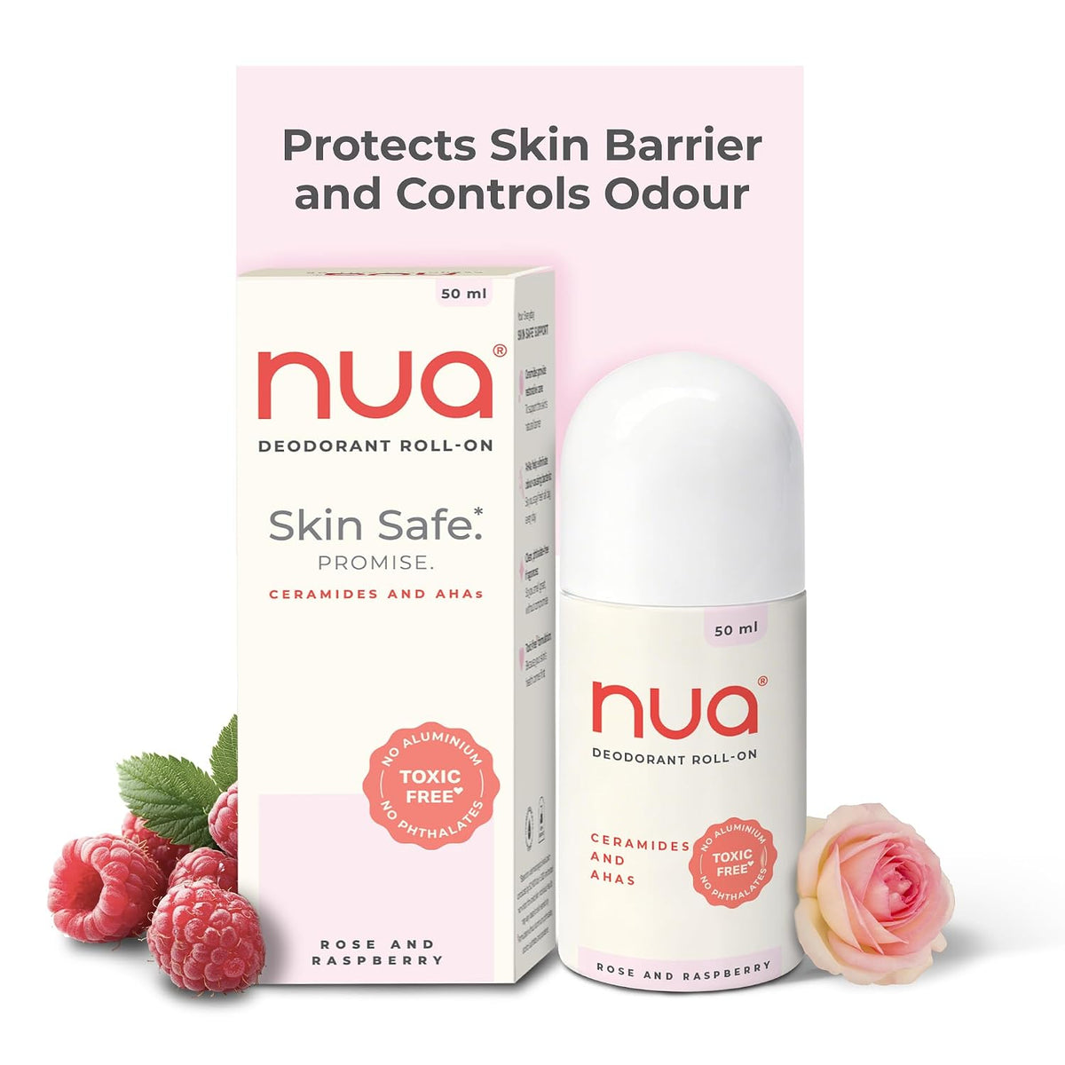 Nua Deodorant Roll-On (Rose & Raspberry) | Skin-safe | Protects Skin Barrier | Prevents Odour | No Aluminium No Pthalates | 50 ml