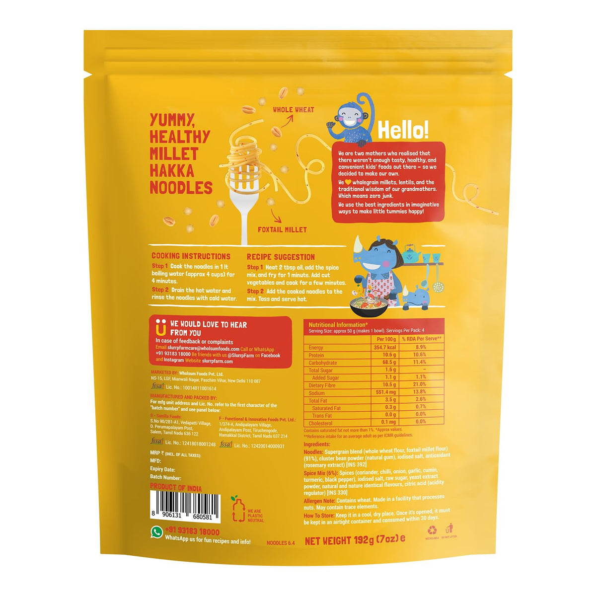 Slurrp Farm No Maida Hakka Noodles Combo, Not Fried, No MSG, Classic, Mild and Curry Masala Millet Noodles, Pack of 3 X 192 g