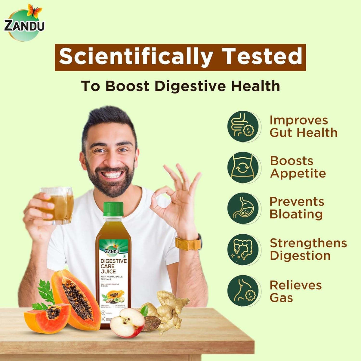Zandu Digestive Care Juice, 1000 ml, Enriched with Papaya, Triphala & Bael to improve Gut Health, Relieves Gas, Boosts Appetite, Scientifically Tested